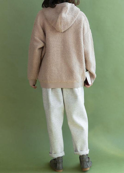 For Spring Beige Knit Coats Winter Hooded Knitted Coat