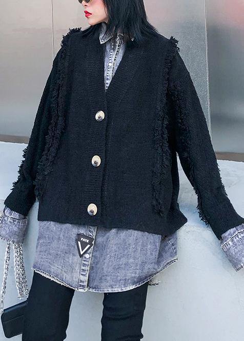 For Spring Black Knit Cardigans Oversize Knitwear Lapel Patchwork Tops