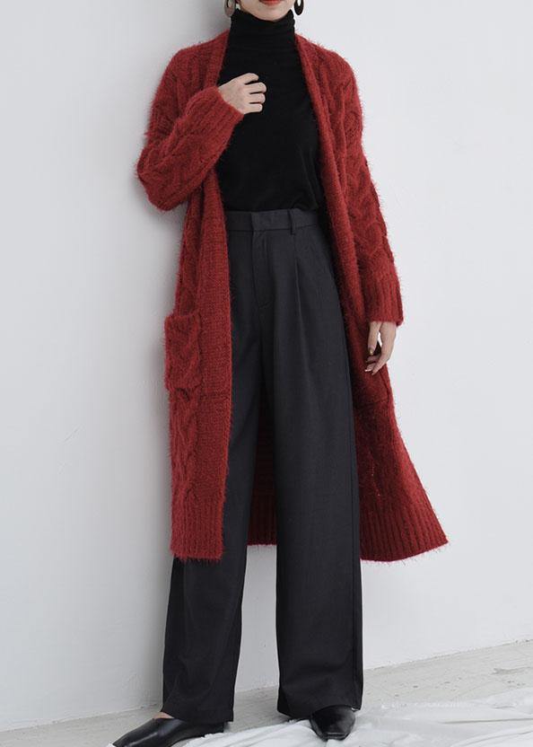 For Spring Burgundy Oversize Fall Pockets Knit Sweat Tops