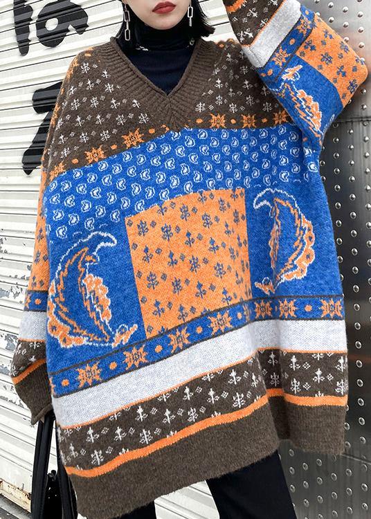 For Spring Chocolate Print Knit Tops V Neck Patchwork Blouse