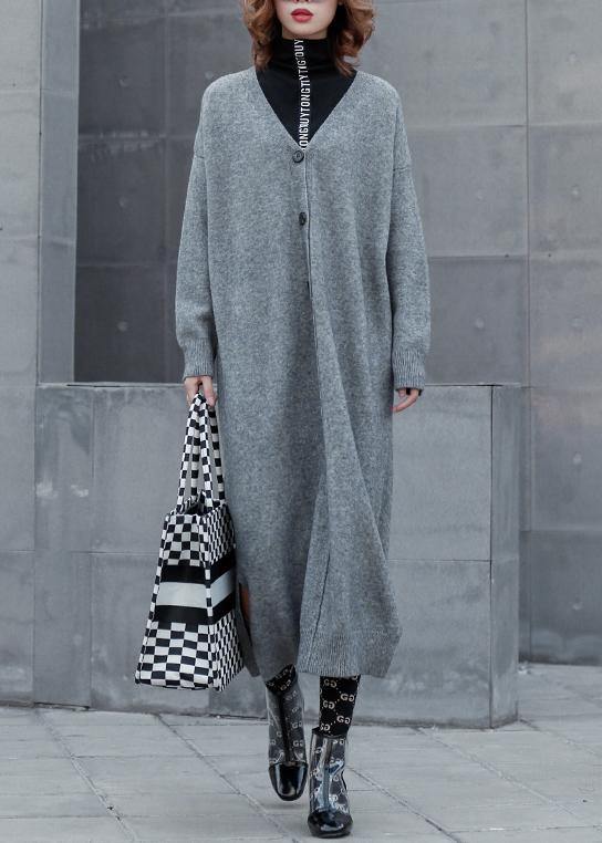 For Spring Gray Sweater Outfits V Neck Side Open Funny Knitwear