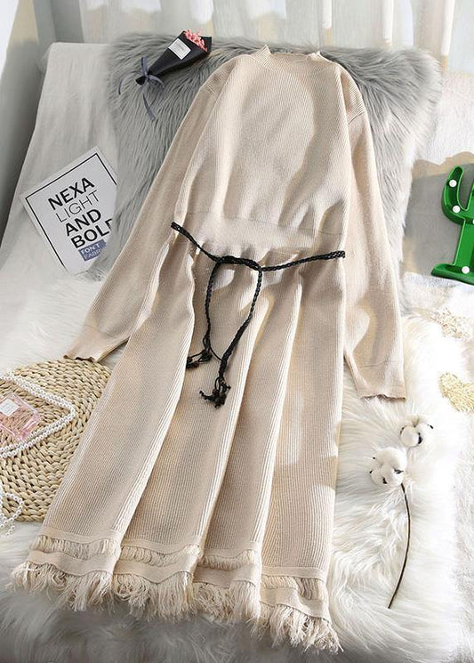 For Spring Tassel Sweater Weather Beige Hipster Knitted Dress