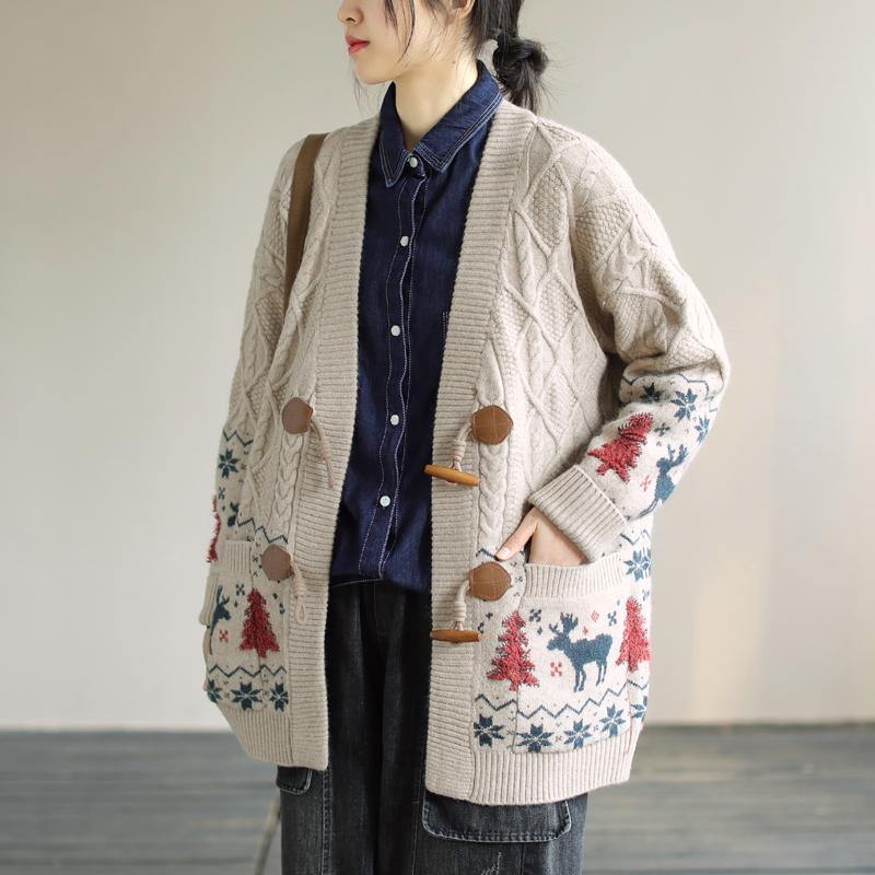 For Work Spring knit sweat tops trendy plus size Beige Deer Print knitted cardigans