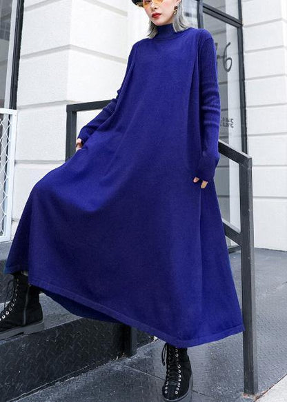 For Work Blue Sweater Dress Design High Neck Large Hem Art Fall Knit Dress