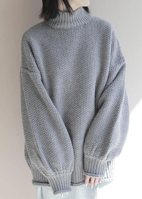For Work Gray Knitwear Clothing High Neck Lantern Sleeve Knitted T Shirt