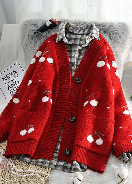For Work Red Knitted Outwear Spring V Neck Knit Sweat Tops