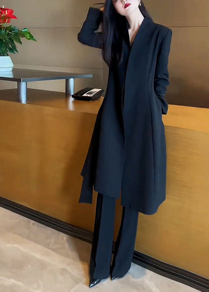 Formal Black Slim Fit Spandex Trench and Flared Trousers Two Pieces Set Spring