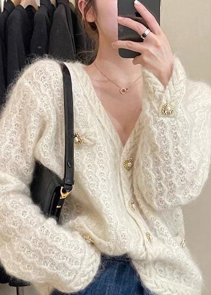 French Apricot Button Hollow Out Cotton Knit Coats Fall