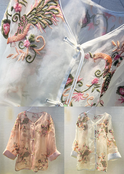 French Apricot Embroideried Button Patchwork Thin Tulle Tops Fall