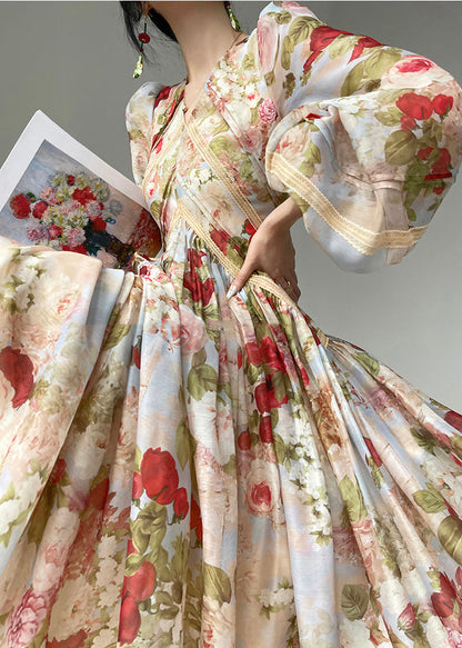 French Apricot Flower Print Silk Evening Dresses Lantern Sleeve