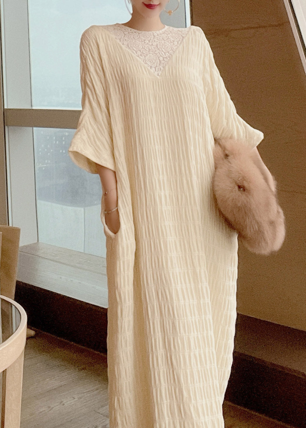 French Apricot O-neck Lace Patchwork Silk Maxi Dresses Long Sleeve