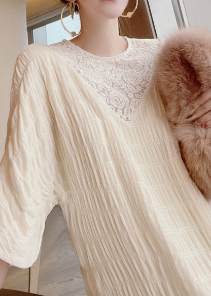 French Apricot O-neck Lace Patchwork Silk Maxi Dresses Long Sleeve