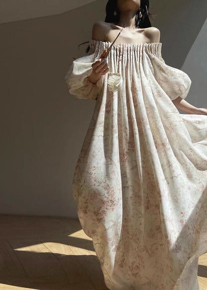 French Apricot Print Cold Shoulder Holiday Dress Lantern Sleeve