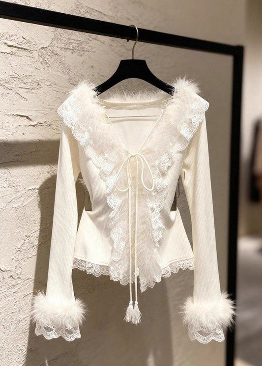 French Apricot V Neck Lace Patchwork Tie Lace Cotton Knit Sweater Spring