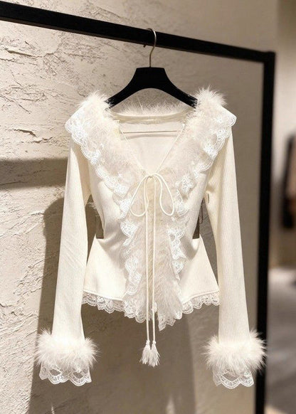 French Apricot V Neck Lace Patchwork Tie Lace Cotton Knit Sweater Spring