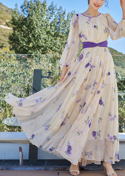 French Apricot Yellow O-neck Print Tunic Bow Chiffon Holiday Maxi Dresses Spring