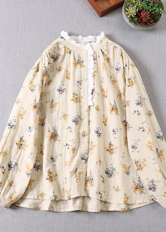 French Apricot Yellow Print Cotton Blouses Long Sleeve