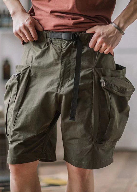 French Army Green Zip Up Pockets Cotton Shorts Summer