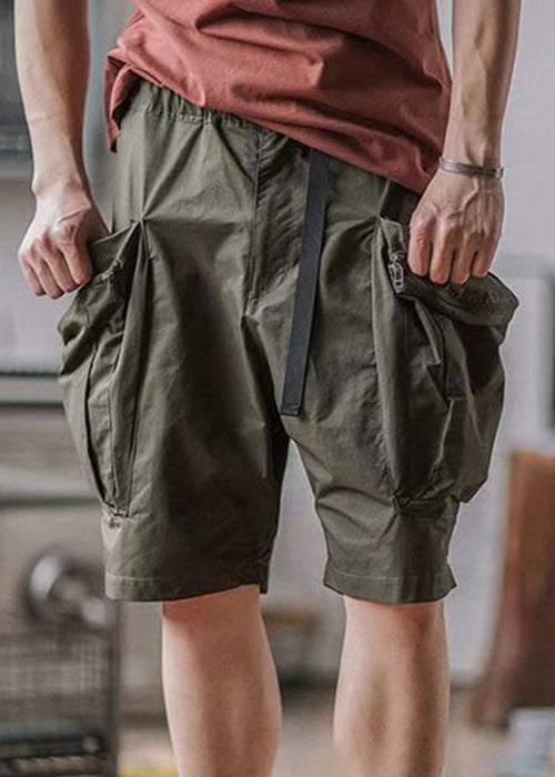 French Army Green Zip Up Pockets Cotton Shorts Summer