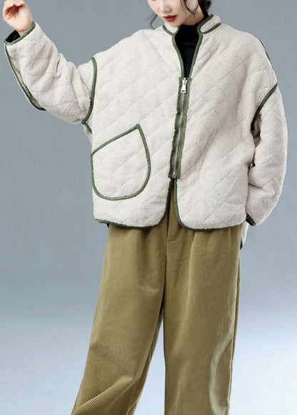 French Army Green Zip Up Wear on Both Sides Fleece Wool Lined Jackets Winter