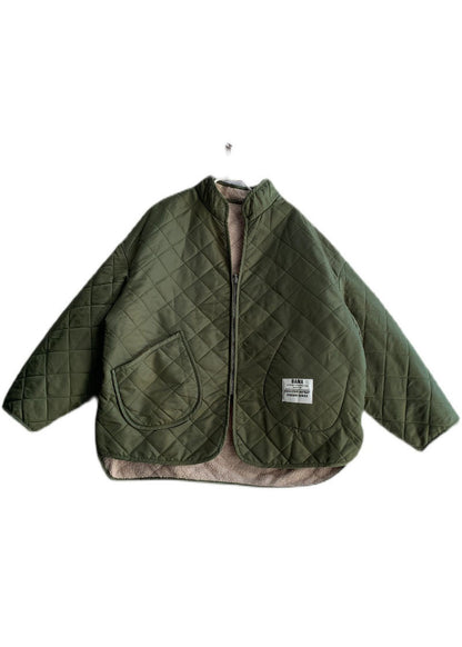 French Army Green Zip Up Wear on Both Sides Fleece Wool Lined Jackets Winter