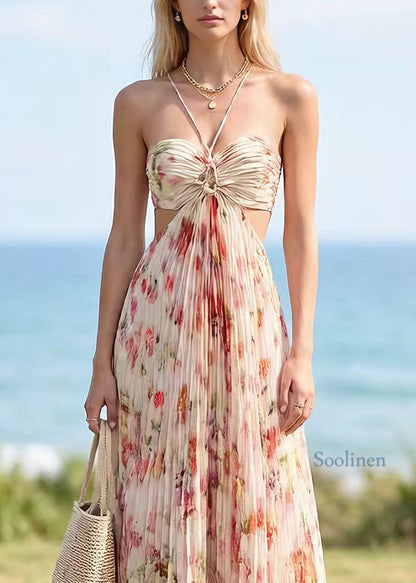 French Backless Print Halter Lace Up Chiffon Dress Summer