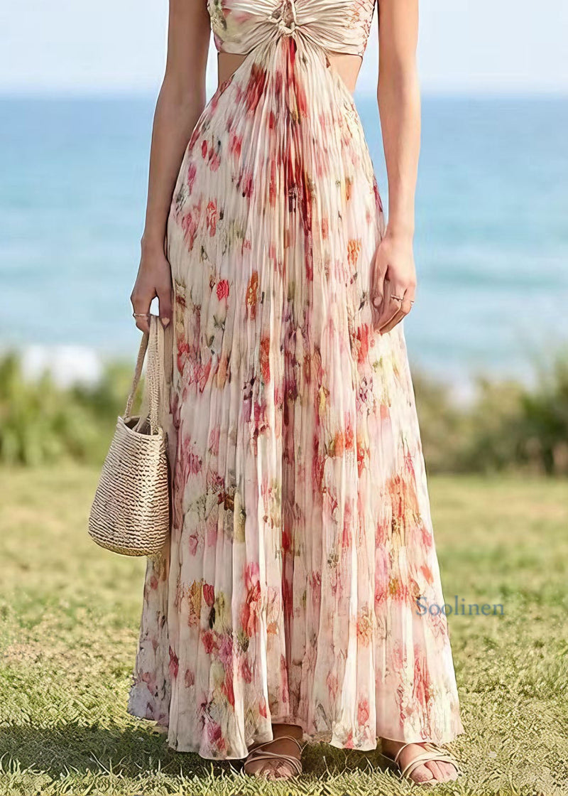 French Backless Print Halter Lace Up Chiffon Dress Summer