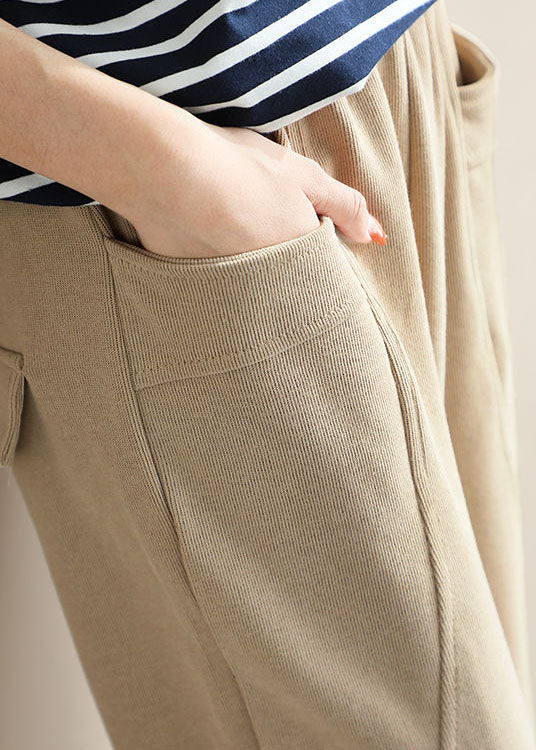 French Beige Elastic Waist Patchwork Cotton Harem Pants Spring