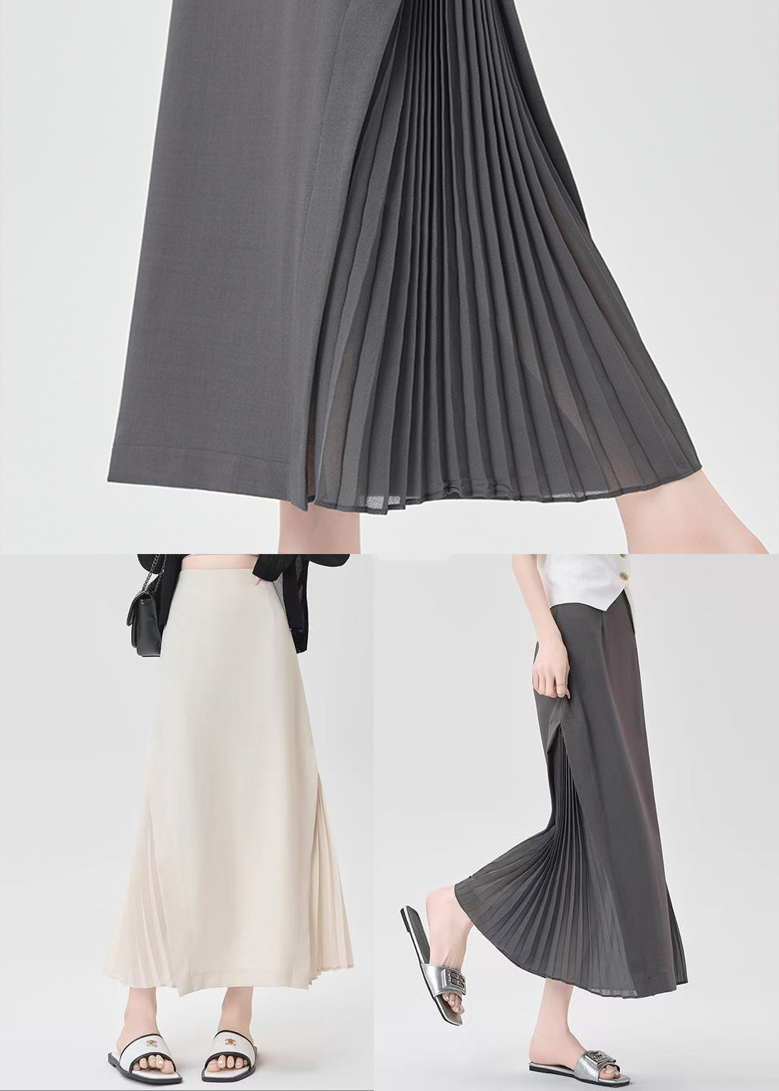 French Beige High Waist Draping Chiffon Pleated Skirt Spring