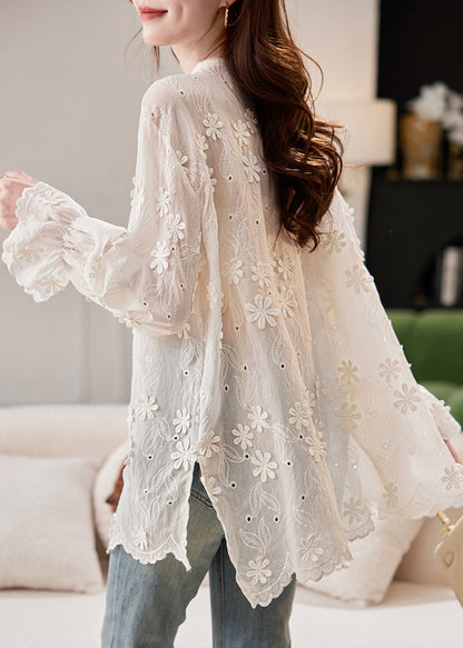 French Beige O-Neck Embroidered Floral Shirt Spring