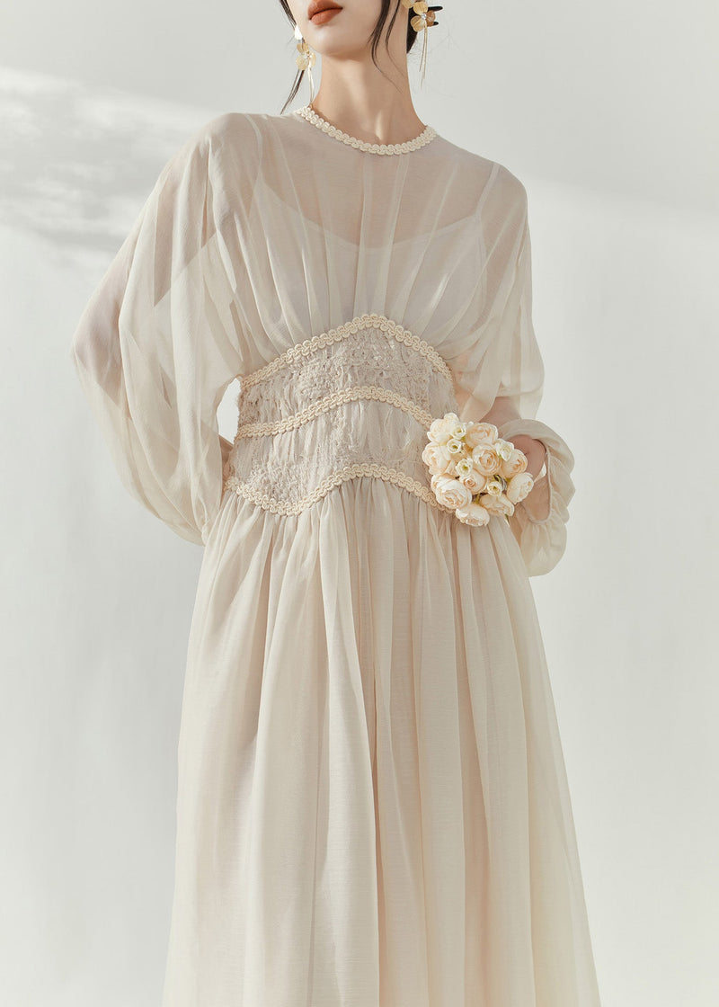 French Beige O-neck Tunic Tulle Long Dresses Lantern Sleeve