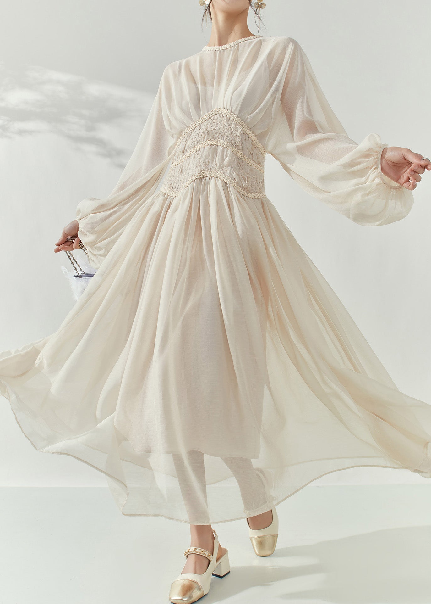 French Beige O-neck Tunic Tulle Long Dresses Lantern Sleeve