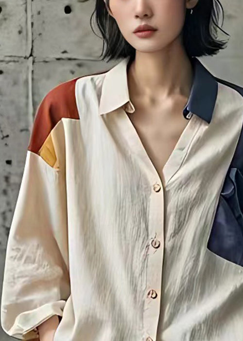 French Beige Peter Pan Collar Button Cotton Blouse Fall