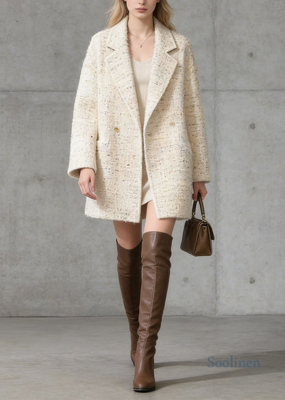 French Beige Peter Pan Collar Pockets Woolen Coat Spring