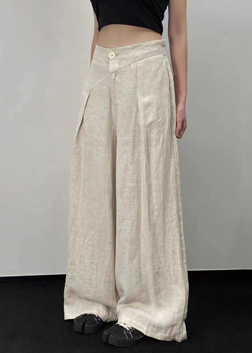 French Beige Pockets High Waistpatchwork Linen Wide Leg Pants Fall