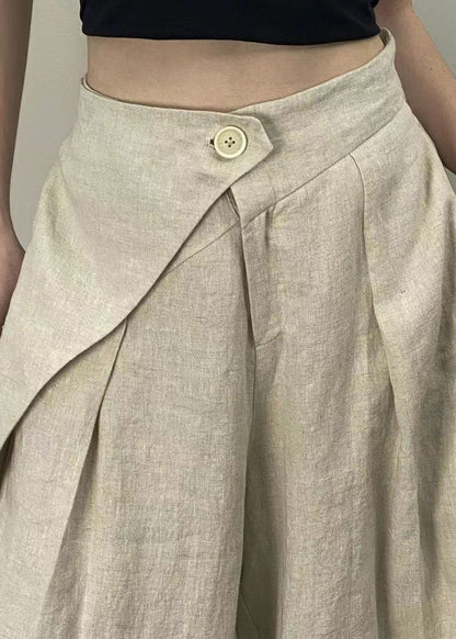 French Beige Pockets High Waistpatchwork Linen Wide Leg Pants Fall