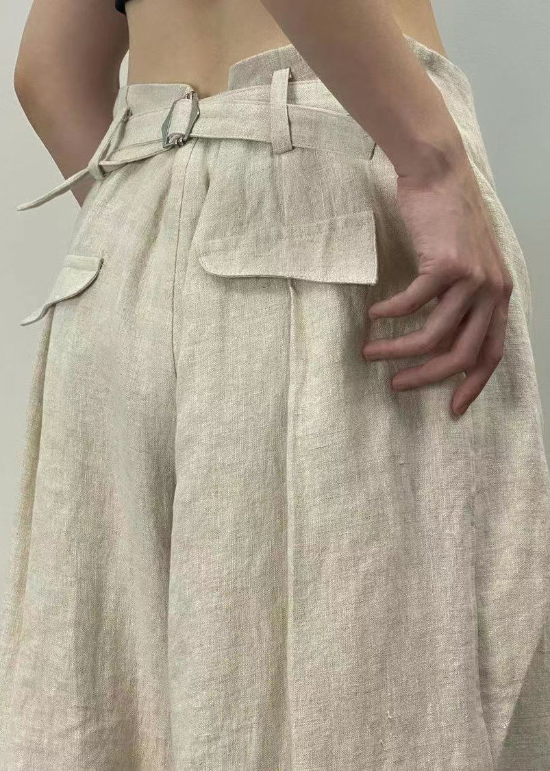 French Beige Pockets High Waistpatchwork Linen Wide Leg Pants Fall