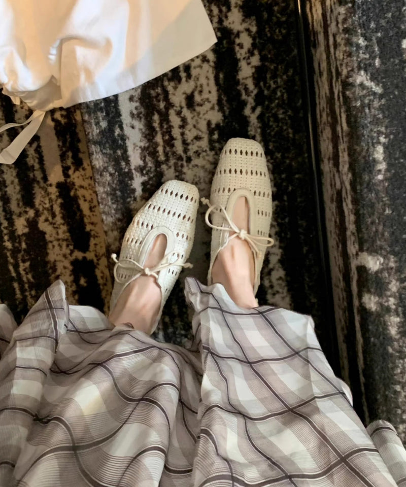French Beige Sheepskin Bow Splicing Hollow Out Sandals