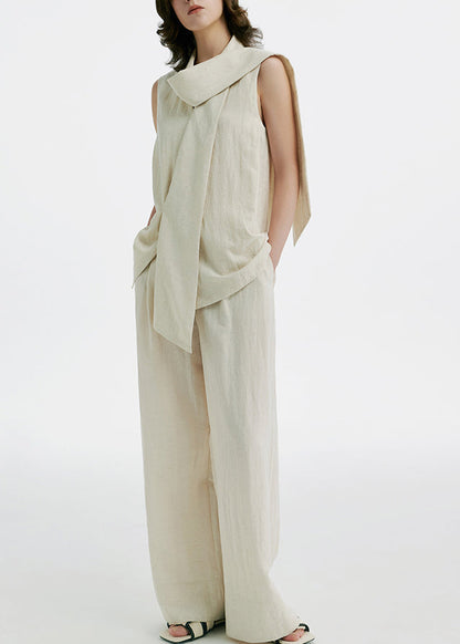 French Beige Silk Linen Top and Wide Leg Pants Two Pieces Set Sleeveless