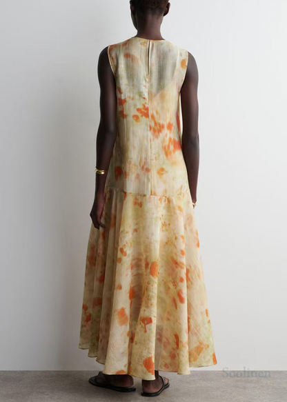 French Beige Tie Dye Chiffon Party Dress Sleeveless