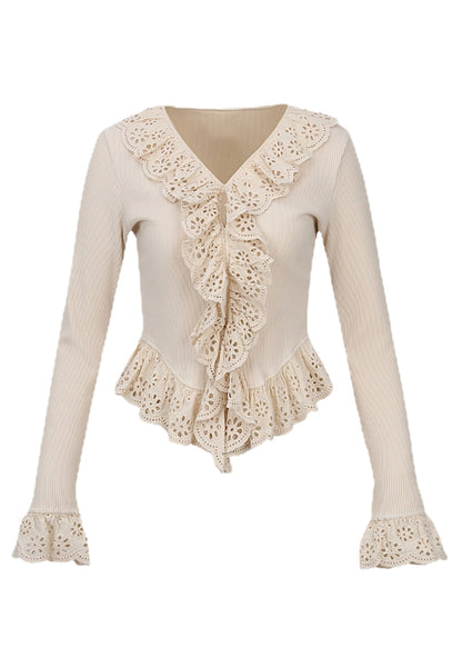 French Beige V Neck Lace Patchwork Hollow Out Top Spring