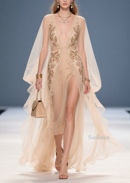 French Beige V Neck Print Chiffon Long Dresses Summer