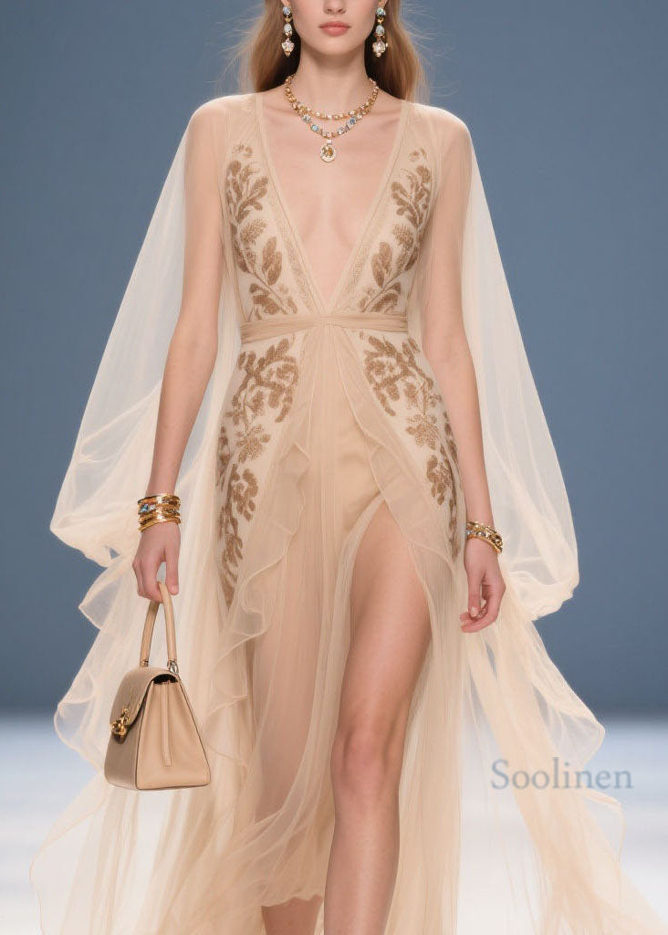 French Beige V Neck Print Chiffon Long Dresses Summer