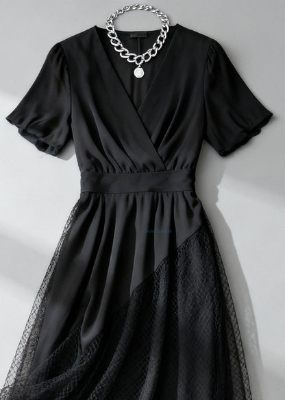 French Black Asymmetrical Design Hollow Out Tulle Patchwork Long Dress Summer