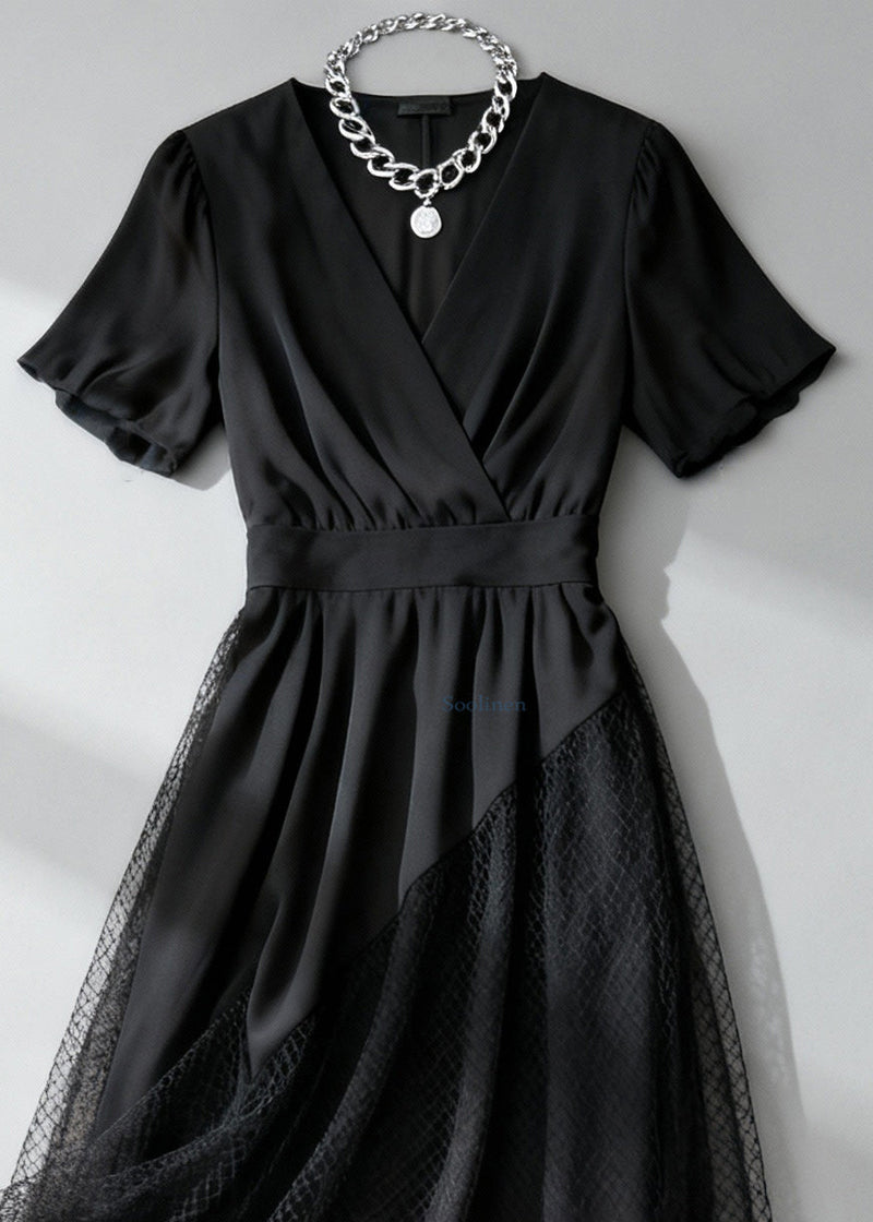 French Black Asymmetrical Design Hollow Out Tulle Patchwork Long Dress Summer