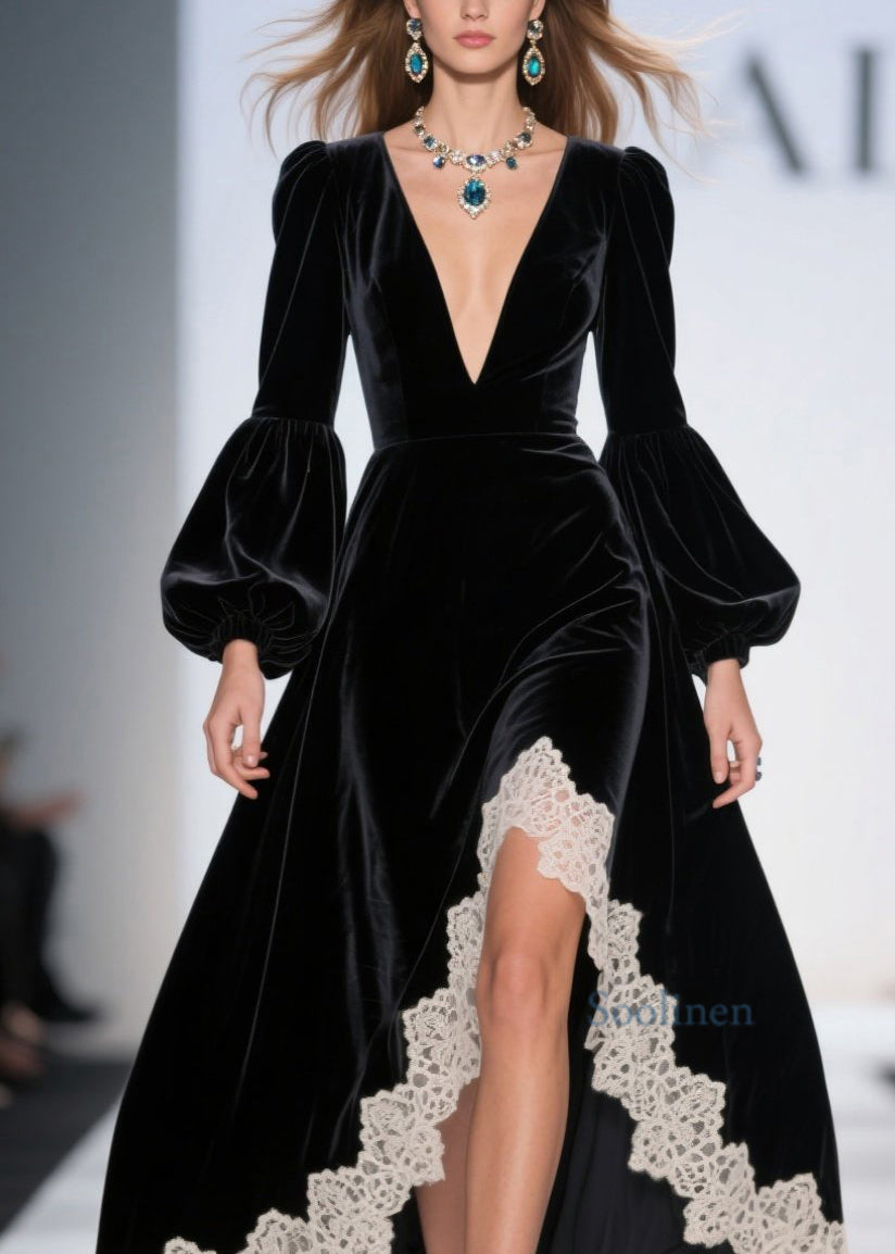 French Black Asymmetrical Lace Patchwork Velvet Dresses Spring