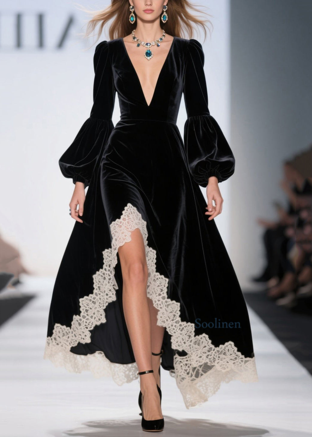 French Black Asymmetrical Lace Patchwork Velvet Dresses Spring