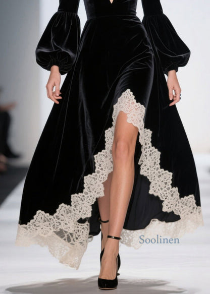 French Black Asymmetrical Lace Patchwork Velvet Dresses Spring