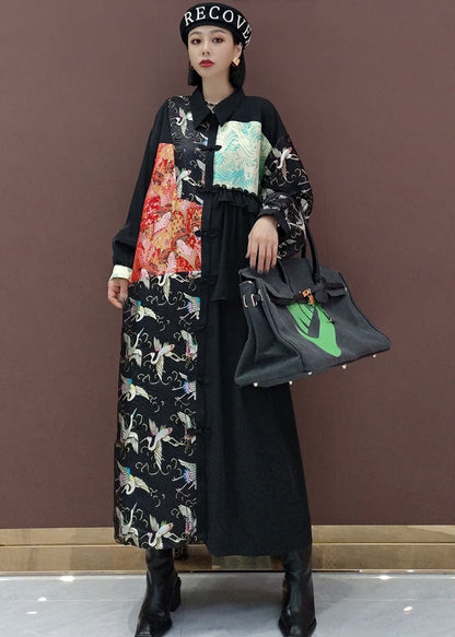 French Black Asymmetrical Print Shirts Long Dress Spring