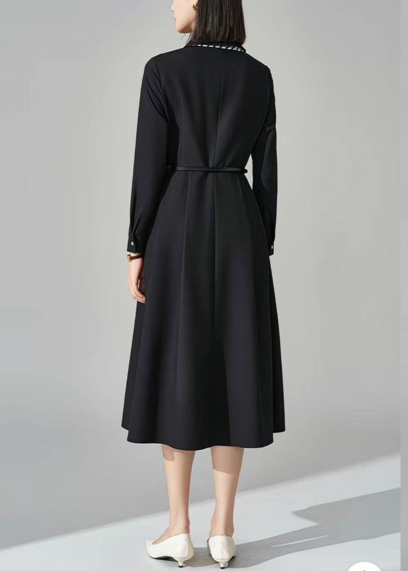 French Black Bow Pockets Sashes Woolen Long Dress Winter